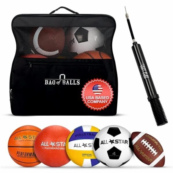Complete Sports Balls Set w/Bag, Pump for Boys - Kickball, Volleyball, Soccer Ball, Football, Basketball - Outdoor Play